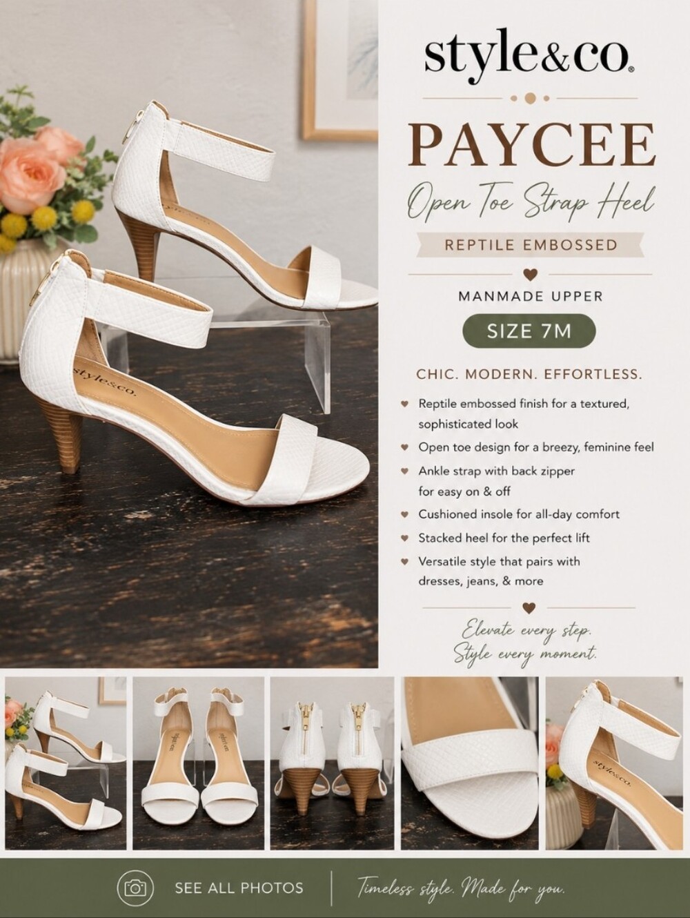 STYLE& CO Paycee Reptile Embossed Open Toe Strap Heel White 7M